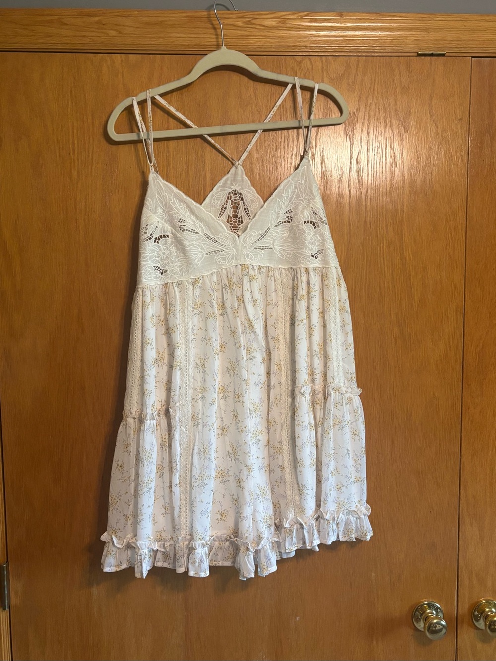 Cream Floral Lace-Trim Romper with Adjustable Straps